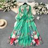 Summer Holiday Gorgeous Flower Chiffon Dresses Women's Turn Down Neck Lantern Sleeve Belt Floral Print Long Women Dresses