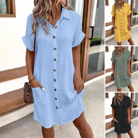 Summer Women Dress Turn-down Collar Single-breasted Loose Short Sleeves Loose Solid Color Patch Pocket Knee Length Commute Leisure Midi Dress