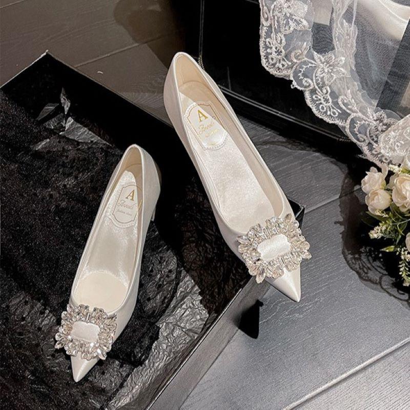Autumn Fashion Pumps Pointed Toe Square Buckle Rhinestone Satin Women's Medium Heel Shoes Party Wedding Shoes Plus Size