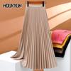 Women Maxi Skirt Elastic High Waist Pleated Skirt Solid Color Smooth Satin A-Line Skirt Work Leisure Wear