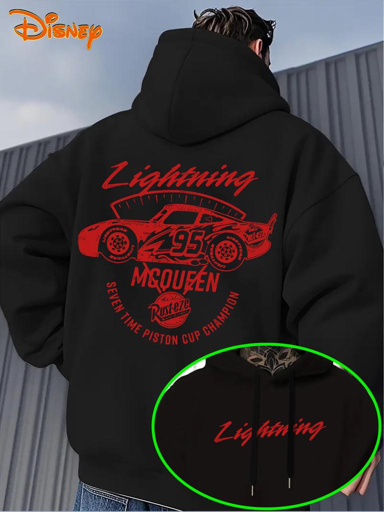 Disney Pixar Car Movie Lightning McQueen Racing Design with 95 Numbers and Lightning Letters Front Pouch Loose Hooded Sweatshirt