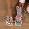 Large Colorful Rhinestone One-word Flat Slippers 2024 Spring New Soft Outdoor Beach Casual Women's Shoes