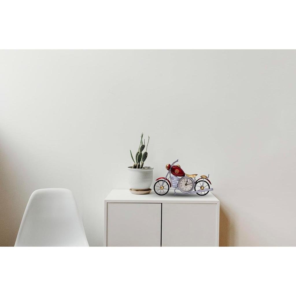 Vintage Royal Bullet Motor Bike with Antique Clock | Rustic Iron Metal Decor Showpiece for Study Table, Desk, Office, Gifts (Red)