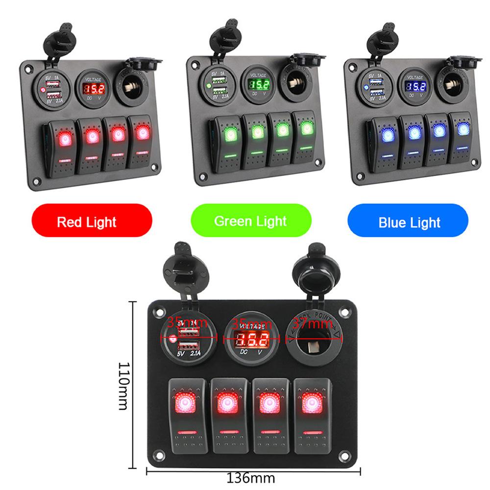 LED Rocker Switch Panel Interior Accessories Digital Voltmeter Aluminum Panel Dual USB Port 4 Gang Waterproof for Car RV Camper Caravans