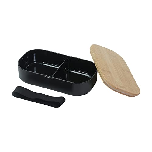 PEARL METAL Bento Box, 600ml, with Bamboo Lid, Black, Home Label D-6783
