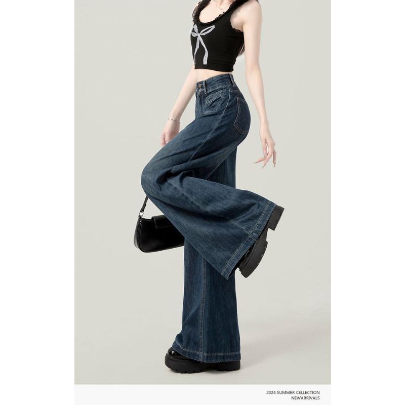 2025 Dark Blue High Waist Wide Leg Jeans Women's Summer Versatile Slimming Fall Clothes Loose Straight Pants Spring and Autumn