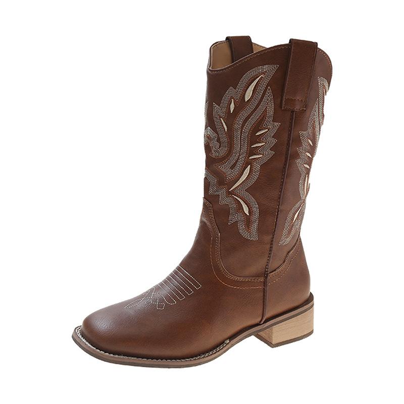 Western Cowboy Boots Retro Embroidered Knight Boots Women's 2025 New He Sui Same V-mouth Medium Boots Long Boots