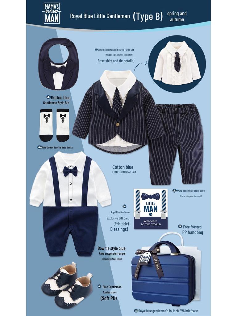 Royal Blue Baby Boy Gentleman Suit Gift Set for Autumn/Winter - Perfect for First Birthday, Full Moon, or Hundred Days Celebration
