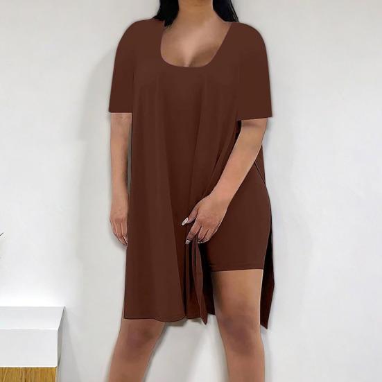 Women Plus Size 2 Piece Outfits Side Split Short Sleeve Tunic Tops And Skinny Biker Shorts Sets Summer Lounge Tracksuit