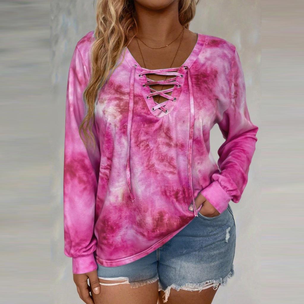 Women's Fashionable Loose-Fit Plus-Size Tie-Dye Printed Long-Sleeve T-Shirt