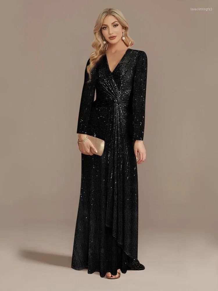 Spring Solid Color Sequin Long-Sleeve Evening Dress - 5 Colors