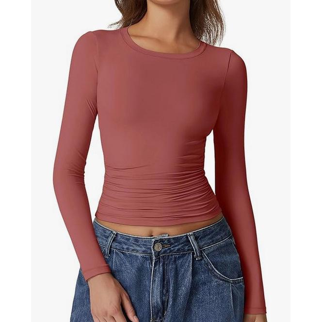 European & American Long Sleeve Round Neck Milk Silk Pullover Tops for Women