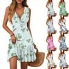 Women's Summer Dress V Neck Sleeveless Casual Floral Print Hem Pleated Dress