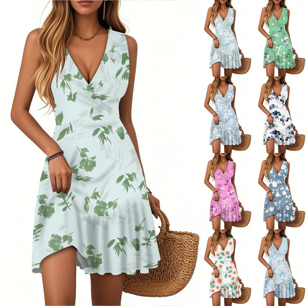 Women's Summer Dress V Neck Sleeveless Casual Floral Print Hem Pleated Dress