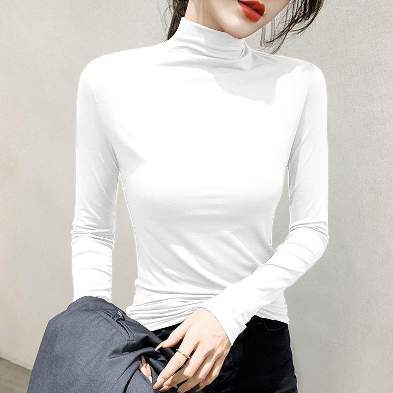 Women's Half - High Neck Base Layer Top for Spring and Autumn Long - Sleeved T - Shirt Inner Wear Versatile Slim Fit Black Outer - Wear Top
