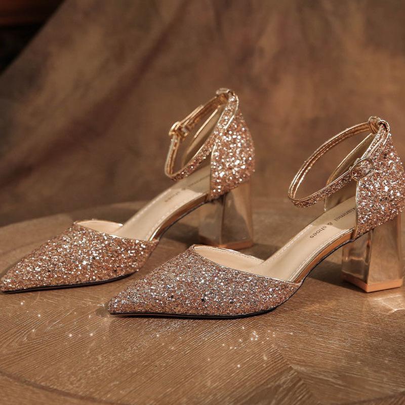 Wedding Shoes Main Wedding Dress Is Not Tired of Feet Bridal Shoes Golden One-word Strap High Heels Women's Thick Heels Beautiful Crystal Bride