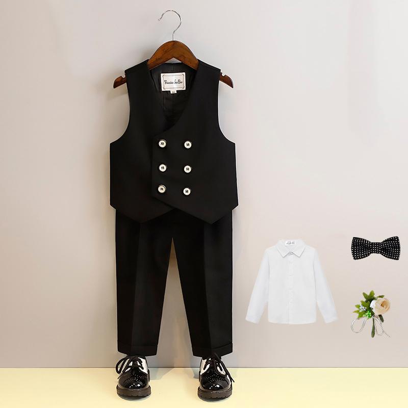 Children Vest Set 2 To 12 Y Flower Boys Wedding Suit Formal School Kids Piano Performance Costume Teens Birthday Evening Tuxedo
