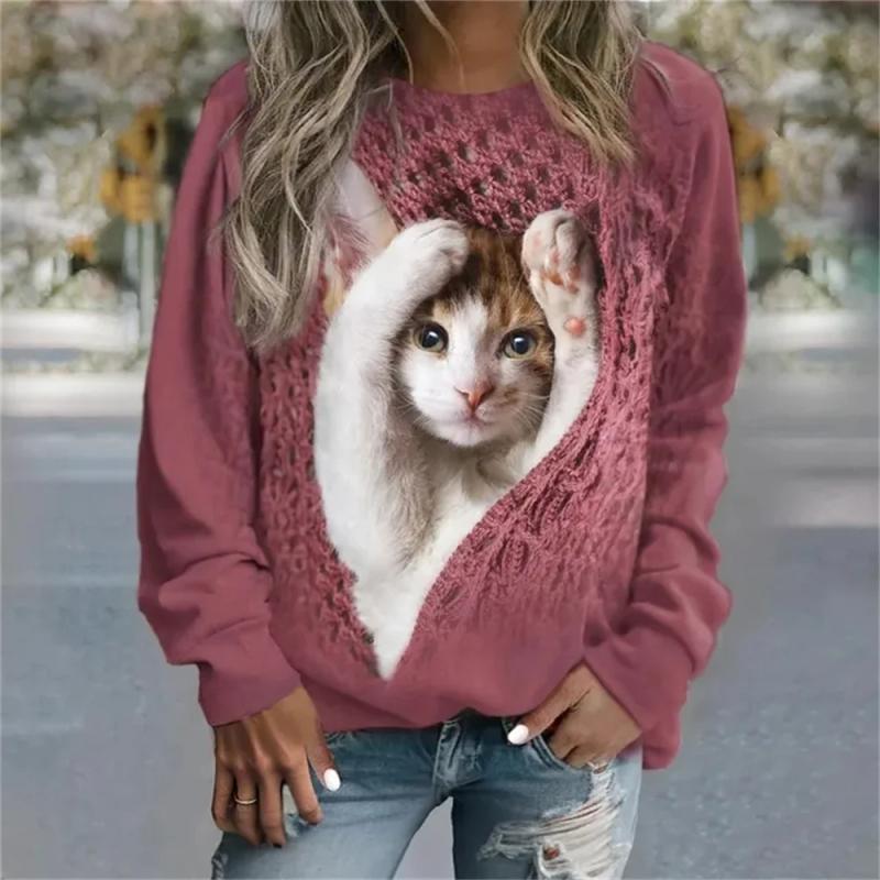 2023 Autumn New Women Round Neck Long Sleeve Fashion Casual Home High Quality Fabric Cute Cat Print Long Sleeve