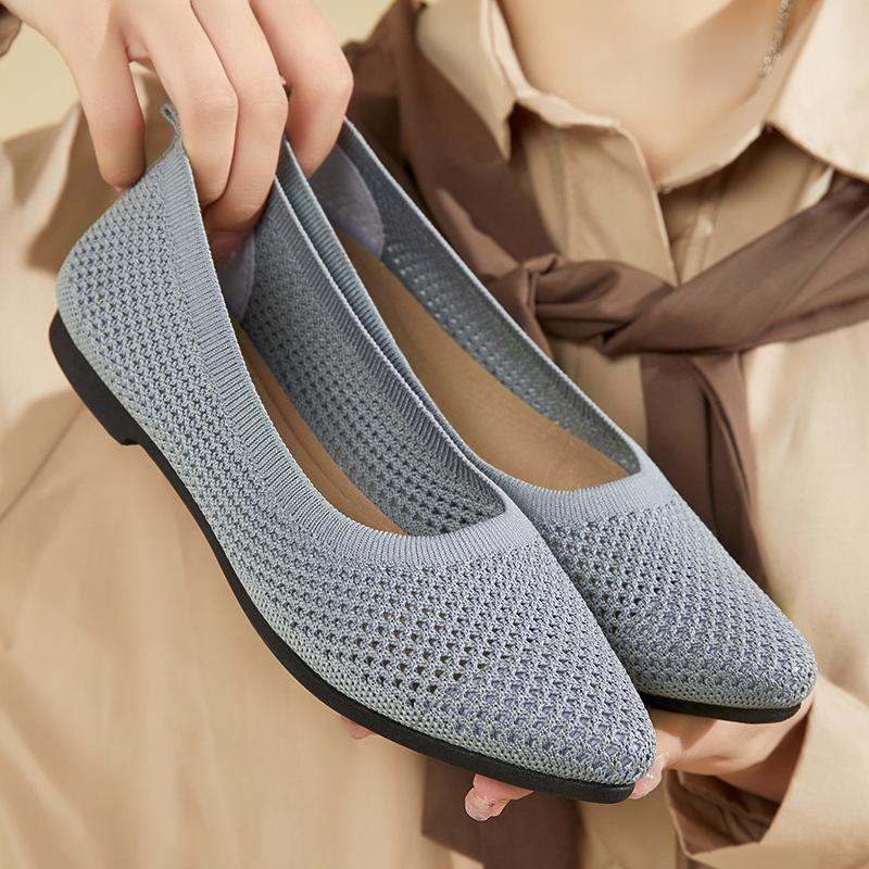 Women Round Toe Flat Shoes Solid Color Knitted Slip On Shoes Casual Breathable Ballet Flats Women Flat Shoes Loafers Women