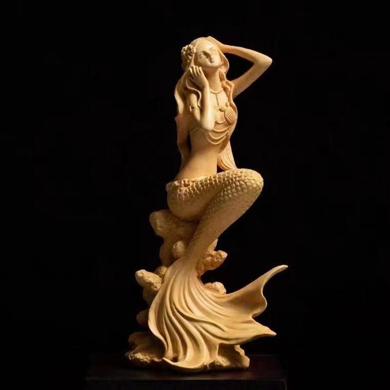 Natural Solid Wood Mermaid Figure Statue, Fantasy Figures Hand-Carved Lovely Home Room Office Decoration Statue 5.89 In