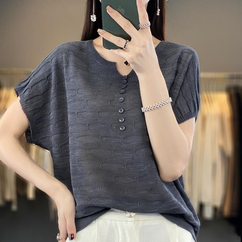 Summer Women T-shirt Loose Casual Solid Color Ice Silk Short Sleeve Loose Knit Top