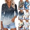 Women's Fashion Casual Lapel 3/4 Sleeve Printed Shirt Women's V Neck Up Tops