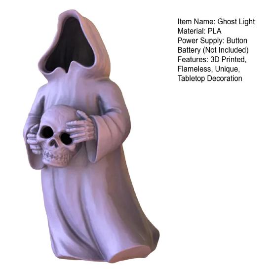 Ghost Skull with LED Tea Lights Halloween 3D Printed Skeleton Ghost Lamp Battery Operated Flickering Flameless Night Light for Home Table Decor