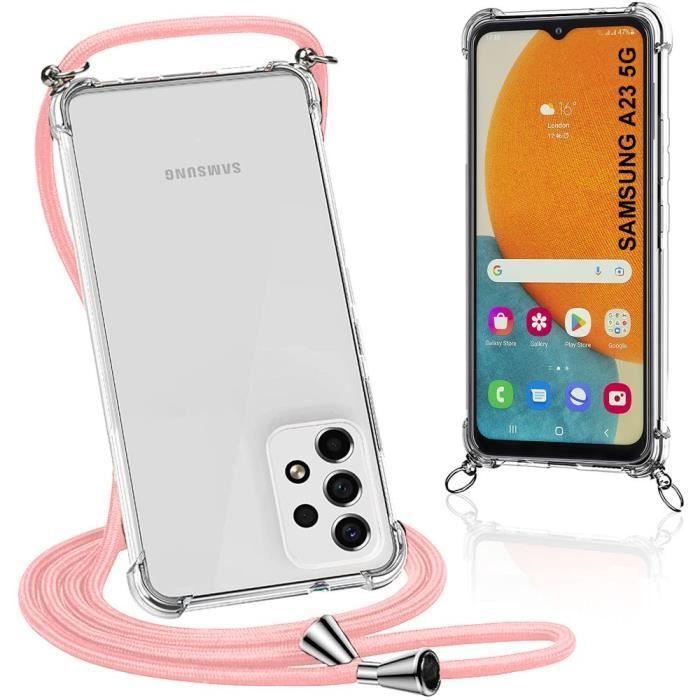 Coque de protection - BOOLING - pour Samsung Galaxy A23 5G - Silicone transparent - Anti-choc - Cordon rose inclus