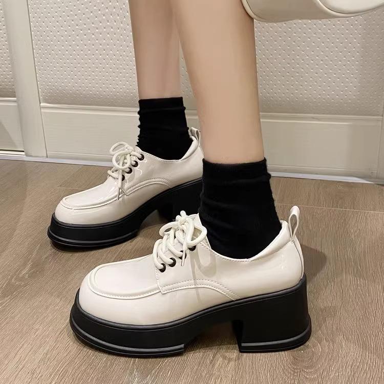 2025 Spring and Autumn Thin Black Platform Small Leather Shoes Women's Heightened Thick Heel Mary Jane Shoes Muffin High Heel Loafers
