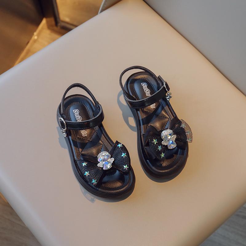Girls Rhinestone Mesh Bow Simple Korean Children's Sandals New Summer 2024 Solid Color Versatile Kids Performance Shoes Fashion