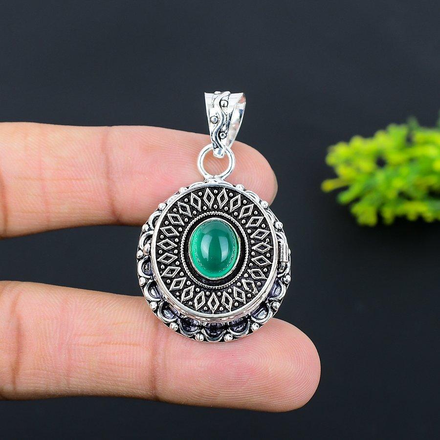 Natural Green Onyx Gemstone Handmade 925 Sterling Silver Pendant 1.77" k4G03