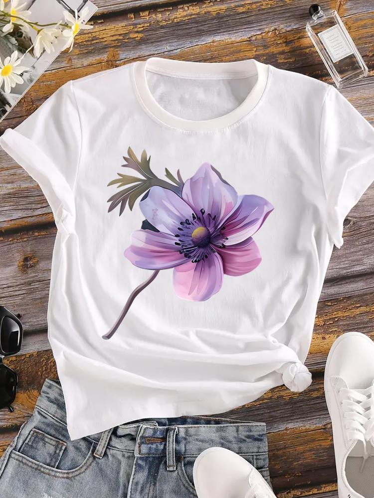(Asian Size) Clothing T Shirt Love Heart Flower Cute Fashion Ladies Casual Women Tee Top Short Sleeve Print Lady Female Graphic T-shirts