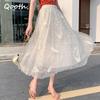 Polka Dot Midi Skirt Calf Length Tulle Skirt Embroidery Print with Paillette for Summer QT2108