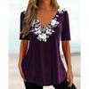 2024 Boutique Floral Pattern T Shirt Women's Temperament Short-Sleeved Summer V Neck Women's T Shirt Oversized Casual Clothing