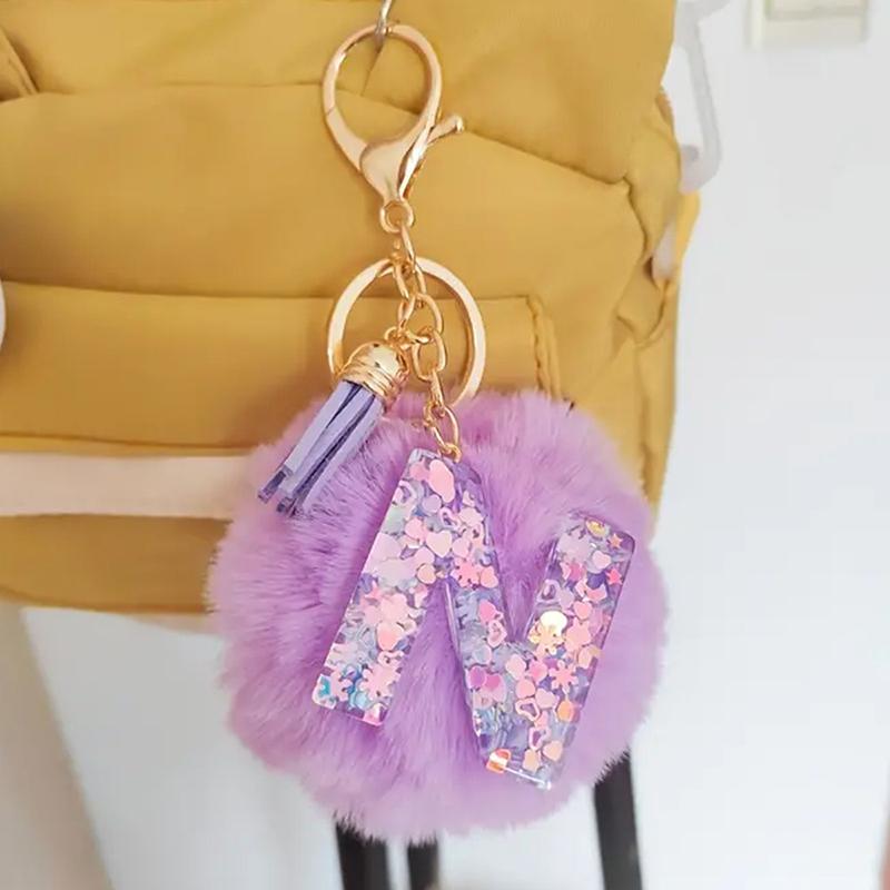 Adorable A-Z Letters Initial Keychain Sparkling Resin Alphabet Fluffy Hairball Pendant Backpack Decoration Accessories Gifts