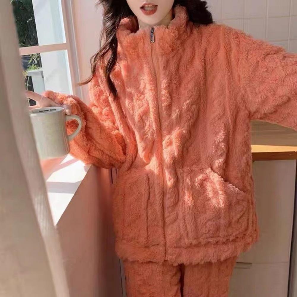 Women Pajamas Cozy Winter Pajamas Set with Stand Collar Zipper Closure Thick Coral Fleece Homewear Coat for Unisex for Nights
