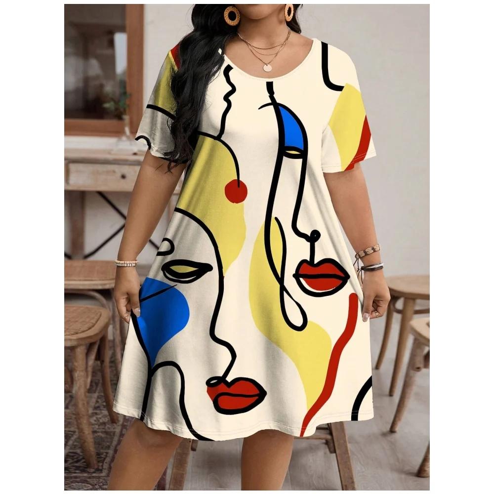 Fashion Women Dress Painted Art Face Streetwear Pattern 3D Print Summer Dress Casual Short Sleeve Loose Dresses Plus Size 6XL