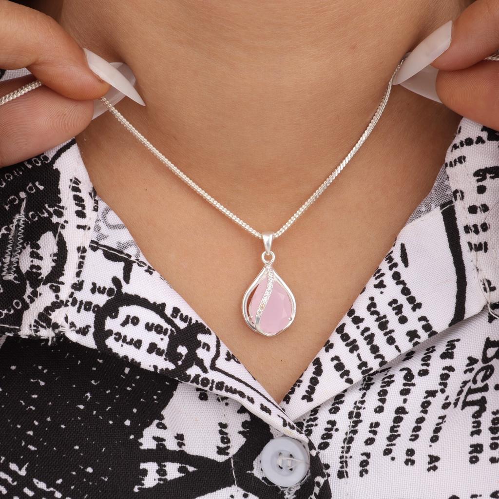 Rose Chalcedony Gemstone Zircon Pendant 925 Sterling Silver Jewelry Tiny Pendant CZP-7-7