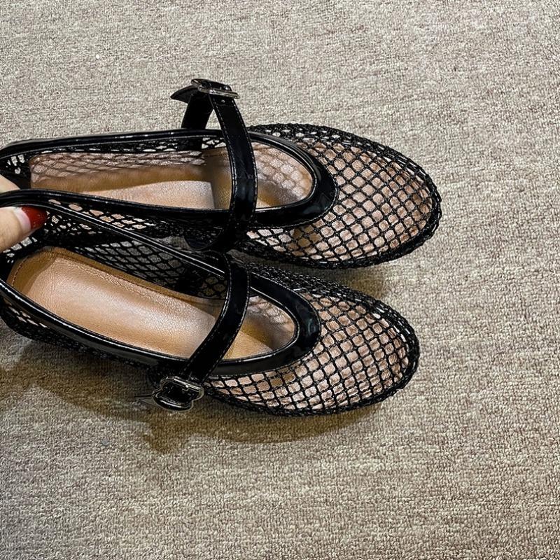 Women's Flat Shoes Autumn New Round Head Hollowed Mesh One Line Buckle Round Head Shallow Mouth Mary Jane Shoes