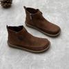 Johnature Retro Women Flat Short Boots Genuine Leather Shoes Handmade Round Toe Solid Color Ankle Boots