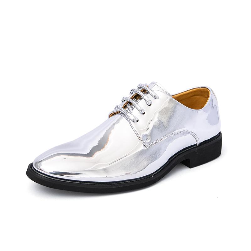 Britain Fashion Men's Pointed Mirror Pu Leather Gold Silver Casual Dress Homecoming Shoes Male Formal Wedding Oxfords Footwear