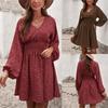 Women's Summer Autumn Floral Print Ruched  Dress V Neck Long Sleeve Swing Casual Chiffon Dress