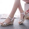 Fashion Womens Summer Casual Wedges Floral Printed Lattice High-heeled Beach Sandals Peep Toe Shoes