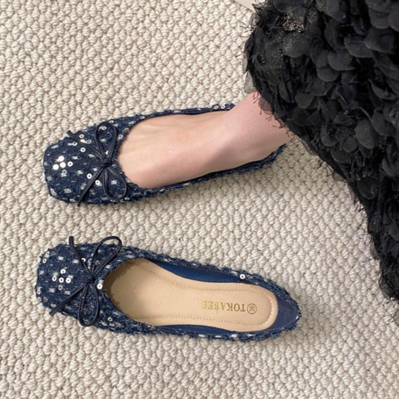 2025 Spring New French Style Flat Shoes Versatile Elegant Bow Women Flats Shallow Mouth Soft Sequin Women Shoes Mujer
