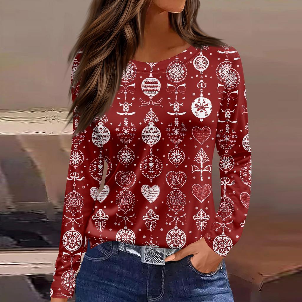 Women's Fashion Hem Slit Casual Christmas Printed Round Neck Long Sleeve Top