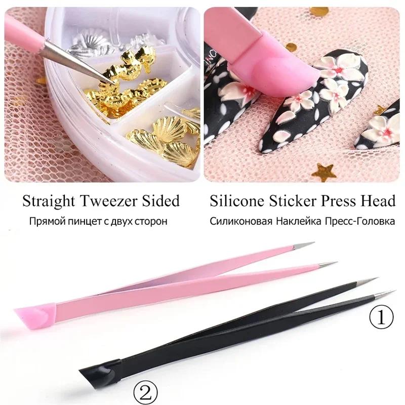 Double Sided Nail Tweezers Silicone Pressing Head Nail Tweezers Sticker Picker Nails Tools Manicure Nail Art Tools Accessories