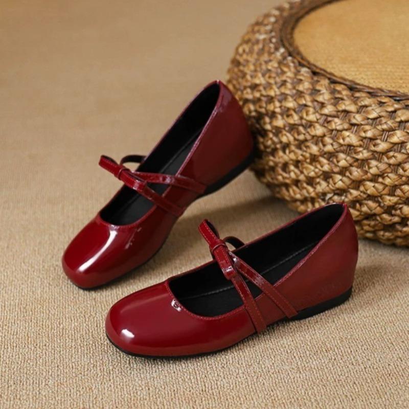 Fashion Square Toe Single Shoes Women's New French Bow Inside Heightened Small Flat Soft Slip-on Small Leather Shoes
