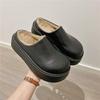 Fleece Black Heightening Platform Slippers for Women To Wear 2024 Autumn and Winter New Half-tray Muffin Bag Head Leather Cotton Slippers