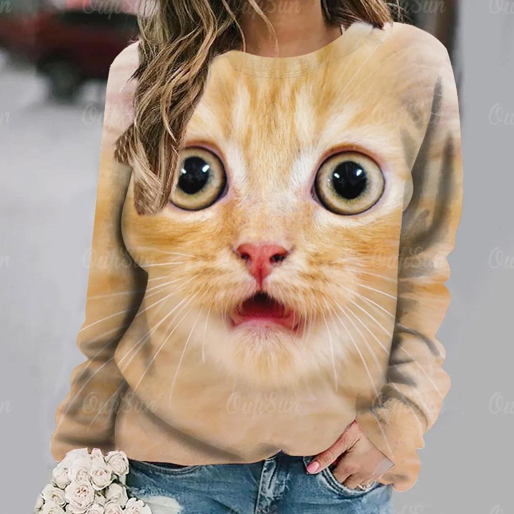 Women's Cat Big Head Cute Print Long Sleeve T-shirt Casual Loose Pullover Female Streetwear Cute Tops Fashion Trend
