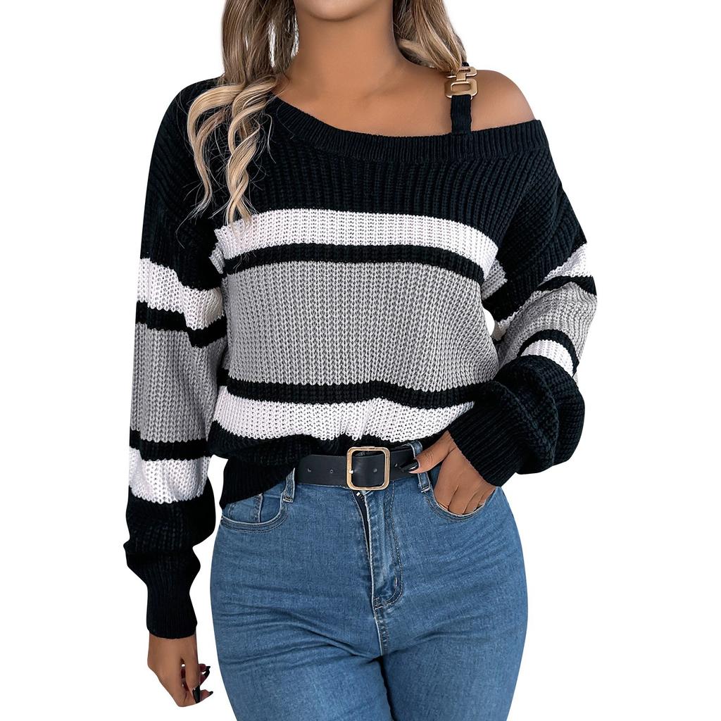 Women's Fashion Casual Loose Contrast Striped Metal Button Off-the-shoulder Sweater Long Sleeve Pullover Top